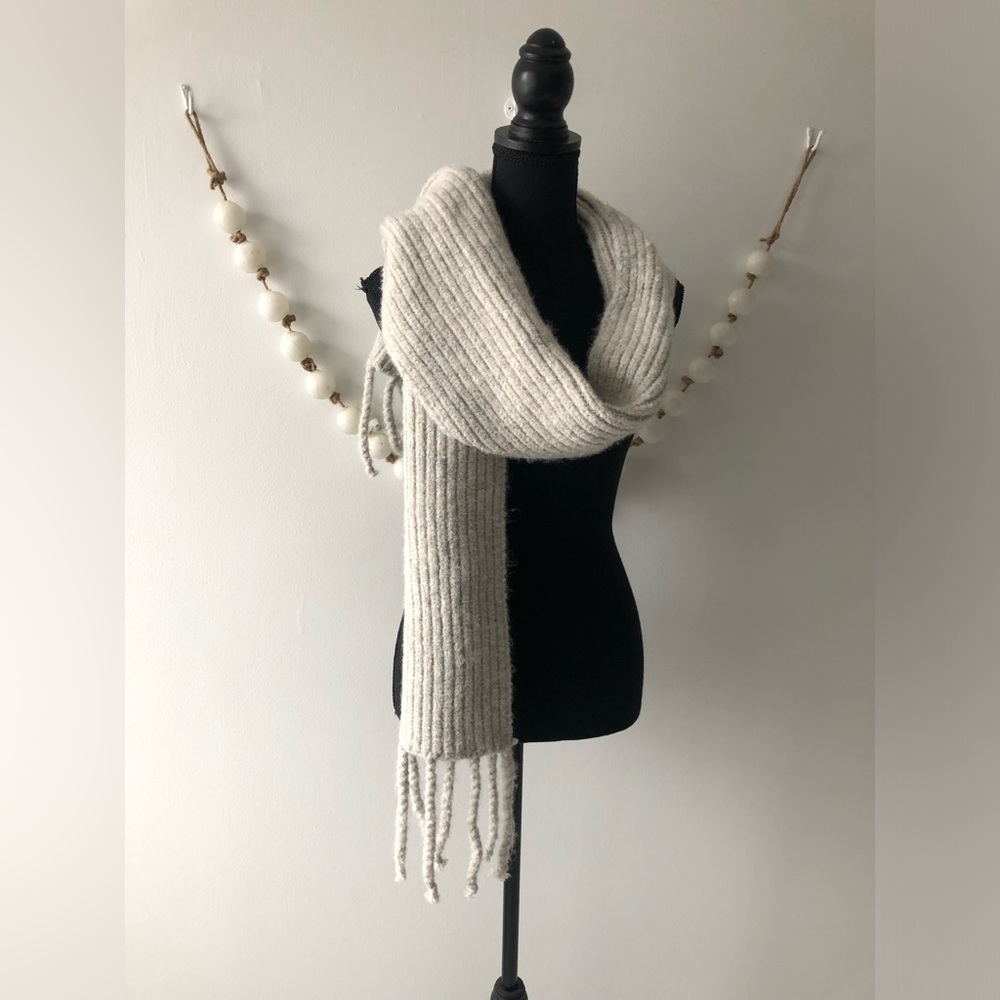 a new day Light Grey Fuzzy Knit Scarf with Fringe Tassels